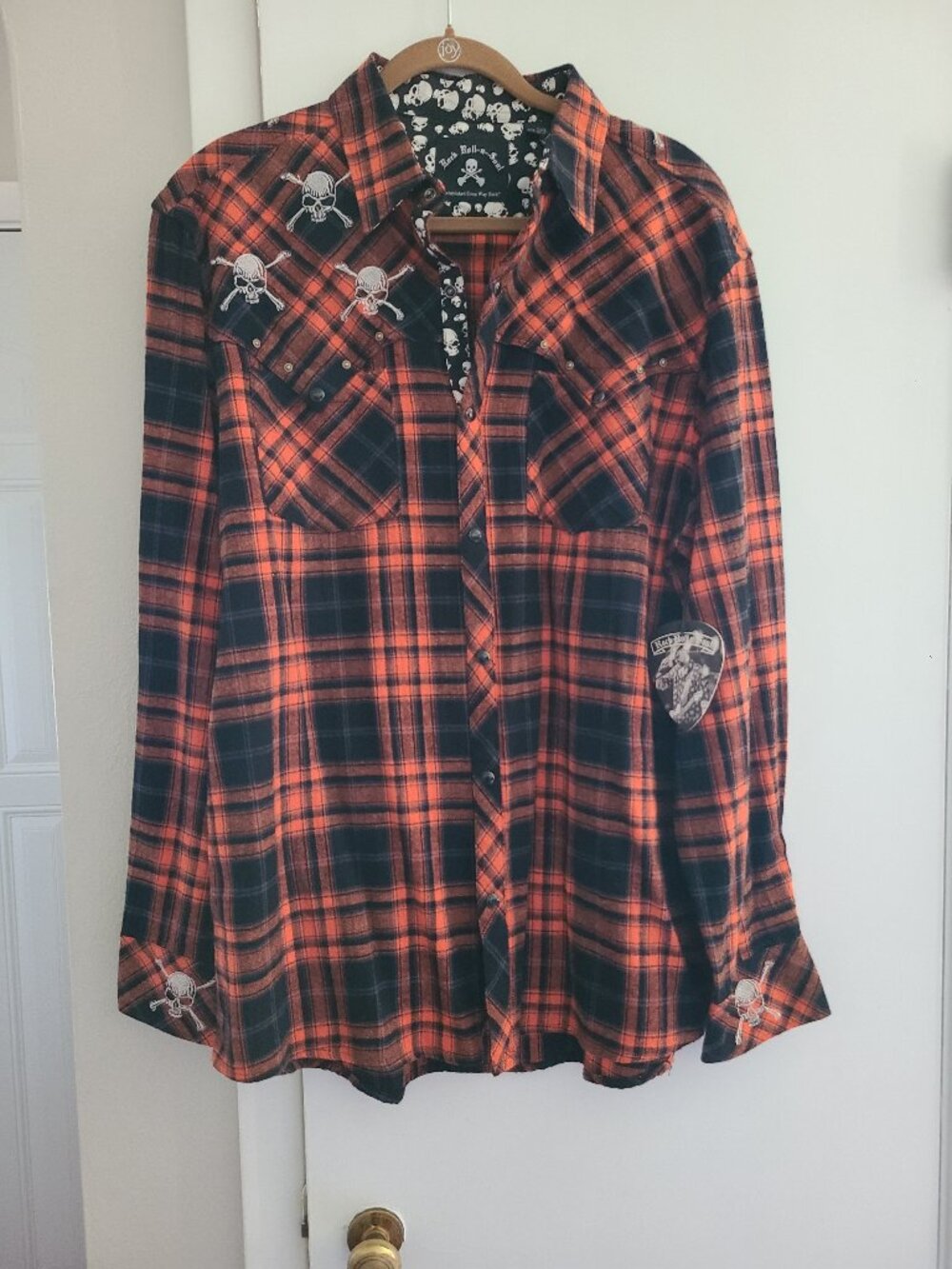 Rock Roll n Soul Orange & Black Flannel Skull Embroidered 2XL Black Snap NWT